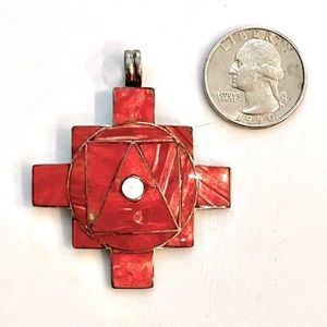 Vntg Mexican 950 Silver Orange Spiny Oyster MoP Cross/Crucifix -  Pendant/Brooch